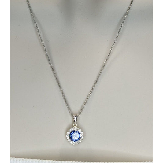 Romantic Glam Halo Blue Crystal Rhinestone Pendant Necklace Silver Tone