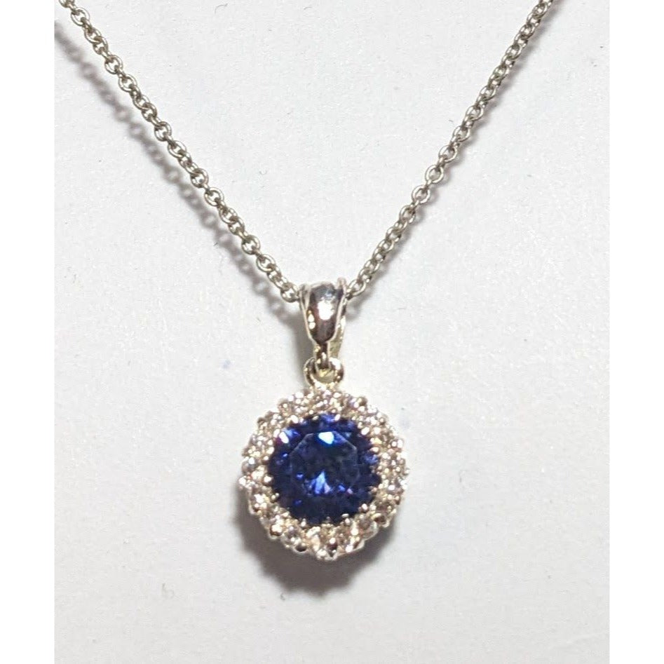 Romantic Glam Halo Blue Crystal Rhinestone Pendant Necklace Silver Tone