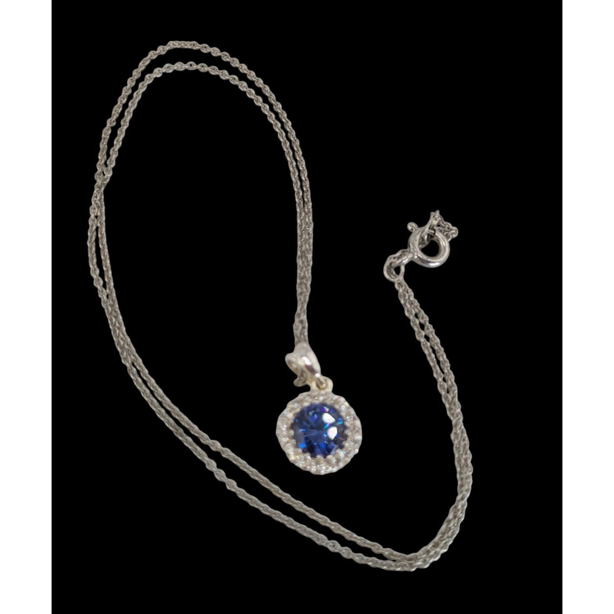 Romantic Glam Halo Blue Crystal Rhinestone Pendant Necklace Silver Tone