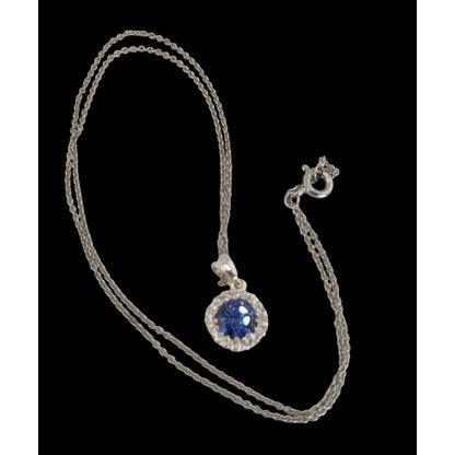 Romantic Glam Halo Blue Crystal Rhinestone Pendant Necklace Silver Tone