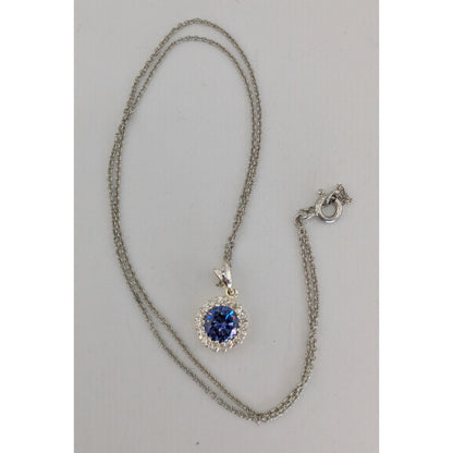 Romantic Glam Halo Blue Crystal Rhinestone Pendant Necklace Silver Tone