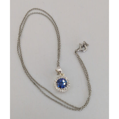 Romantic Glam Halo Blue Crystal Rhinestone Pendant Necklace Silver Tone