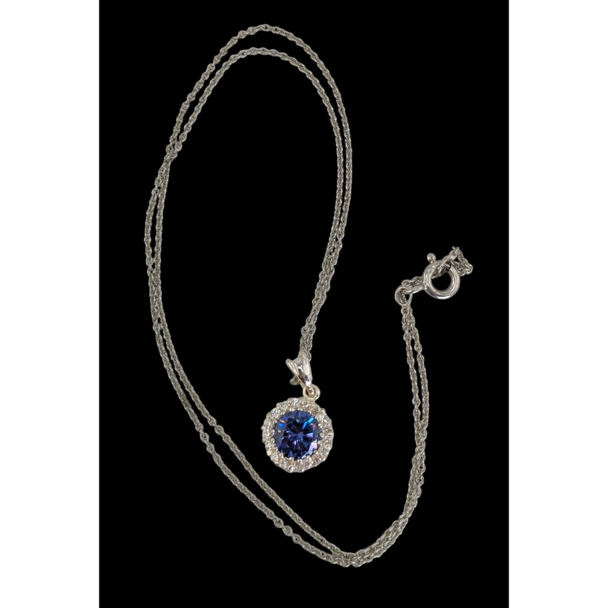 Romantic Glam Halo Blue Crystal Rhinestone Pendant Necklace Silver Tone