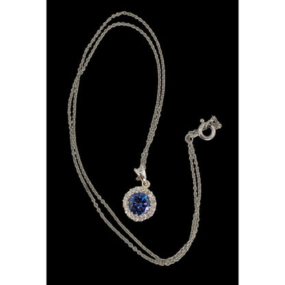 Romantic Glam Halo Blue Crystal Rhinestone Pendant Necklace Silver Tone