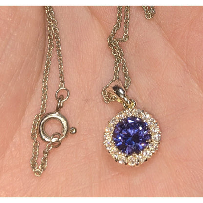 Romantic Glam Halo Blue Crystal Rhinestone Pendant Necklace Silver Tone