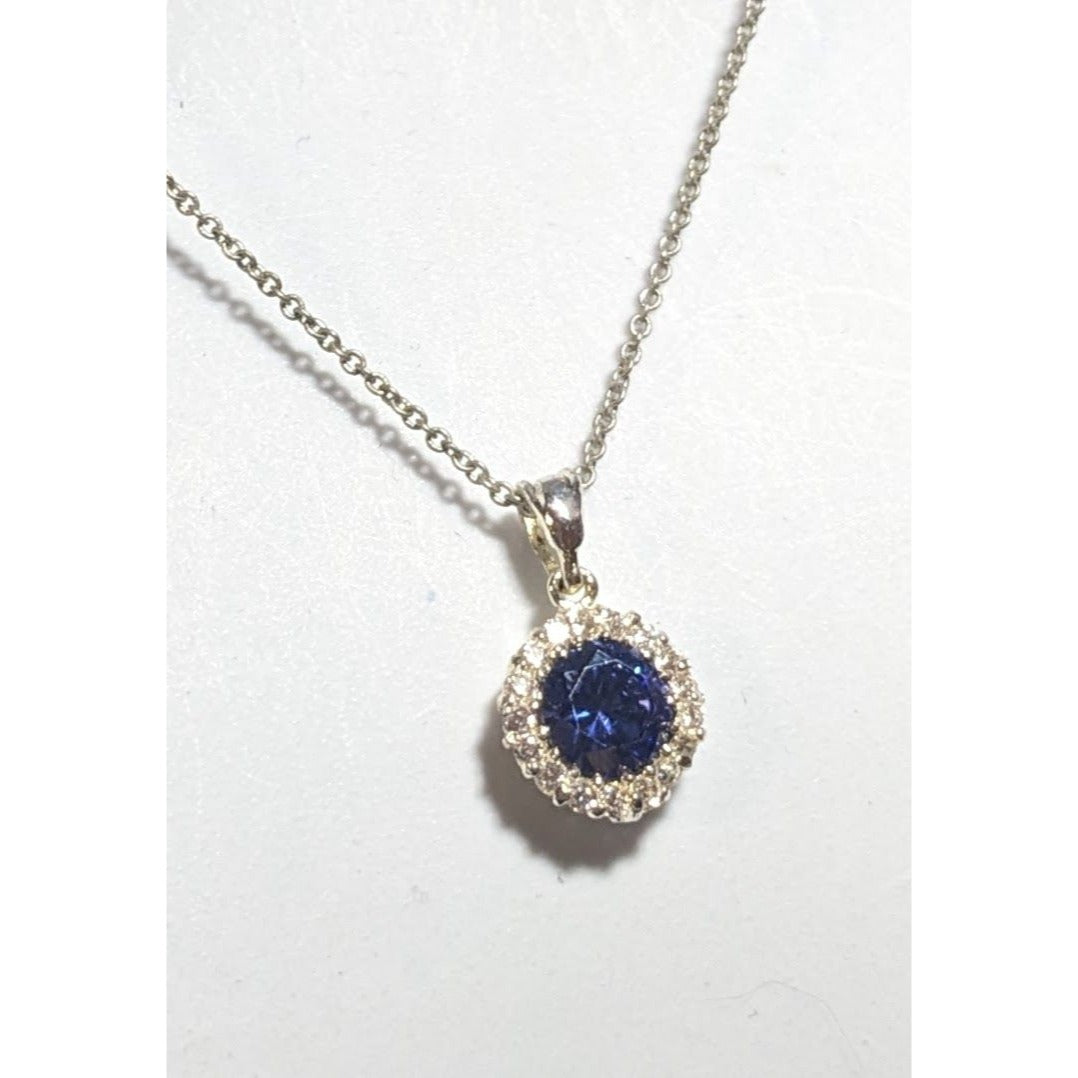 Romantic Glam Halo Blue Crystal Rhinestone Pendant Necklace Silver Tone