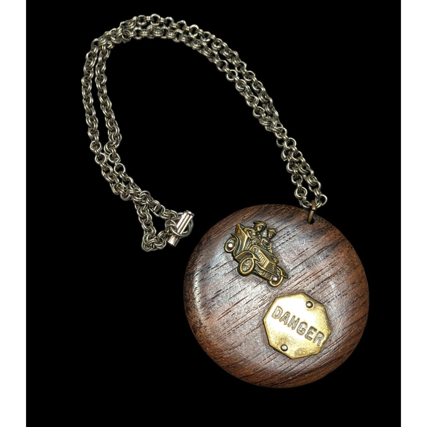 Vintage Novelty Automobile Wood And Metal Pendant Necklace
