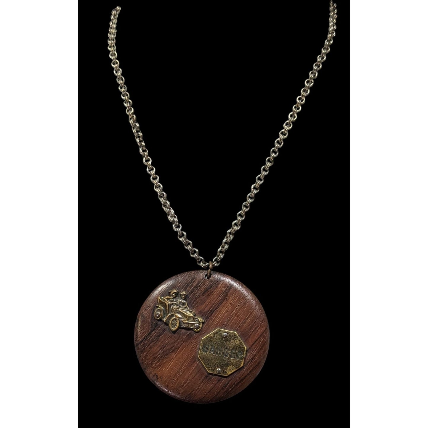 Vintage Novelty Automobile Wood And Metal Pendant Necklace
