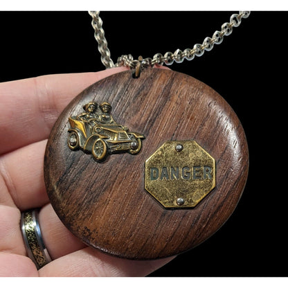 Vintage Novelty Automobile Wood And Metal Pendant Necklace