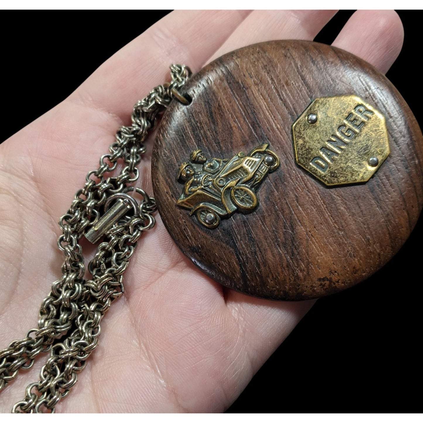 Vintage Novelty Automobile Wood And Metal Pendant Necklace