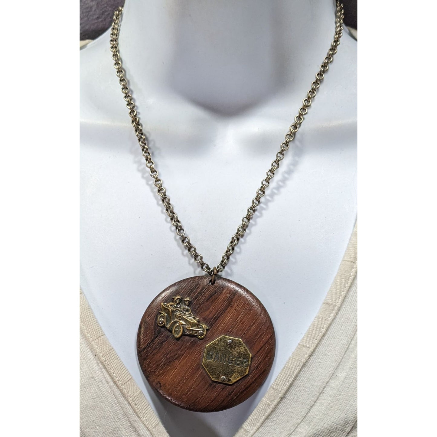 Vintage Novelty Automobile Wood And Metal Pendant Necklace