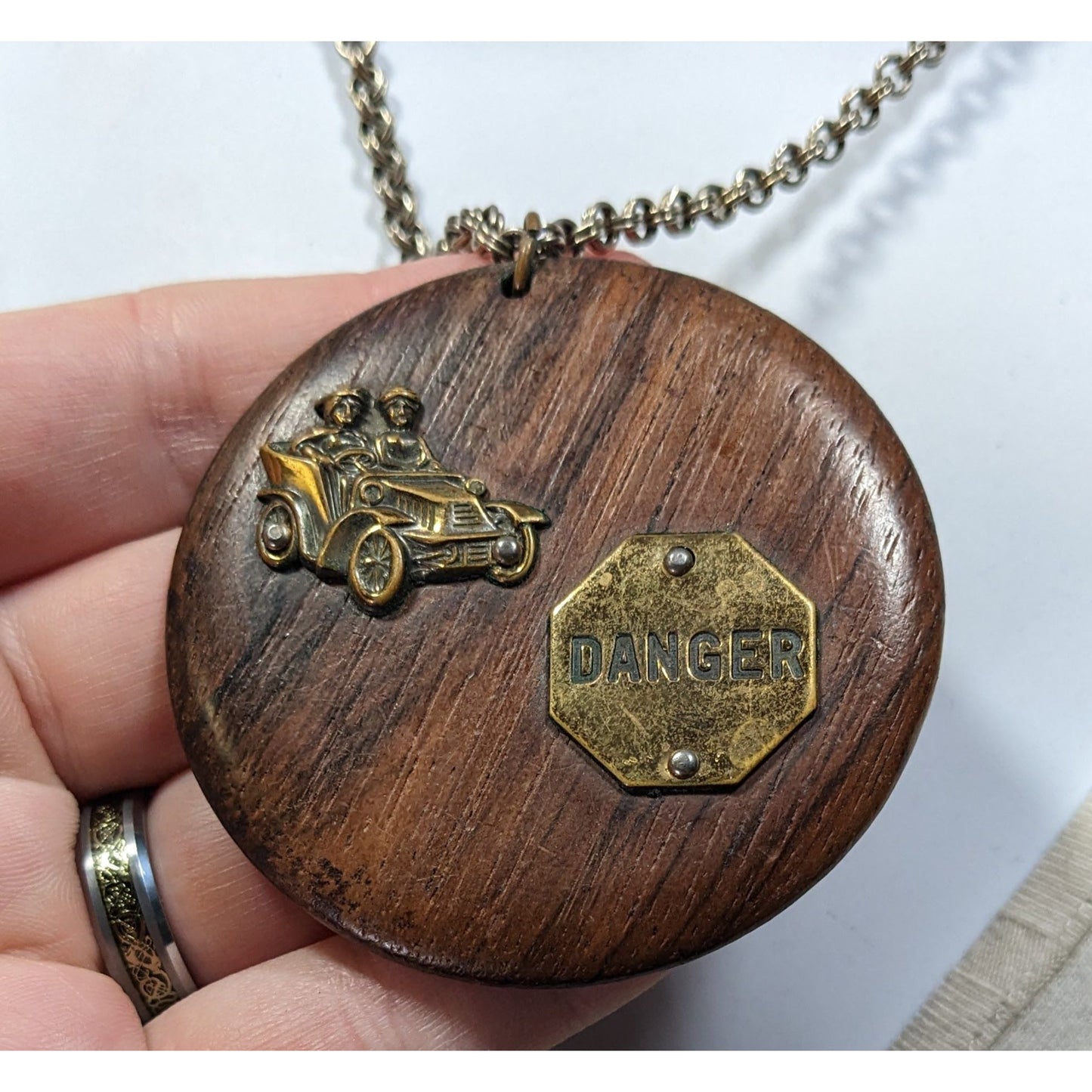 Vintage Novelty Automobile Wood And Metal Pendant Necklace