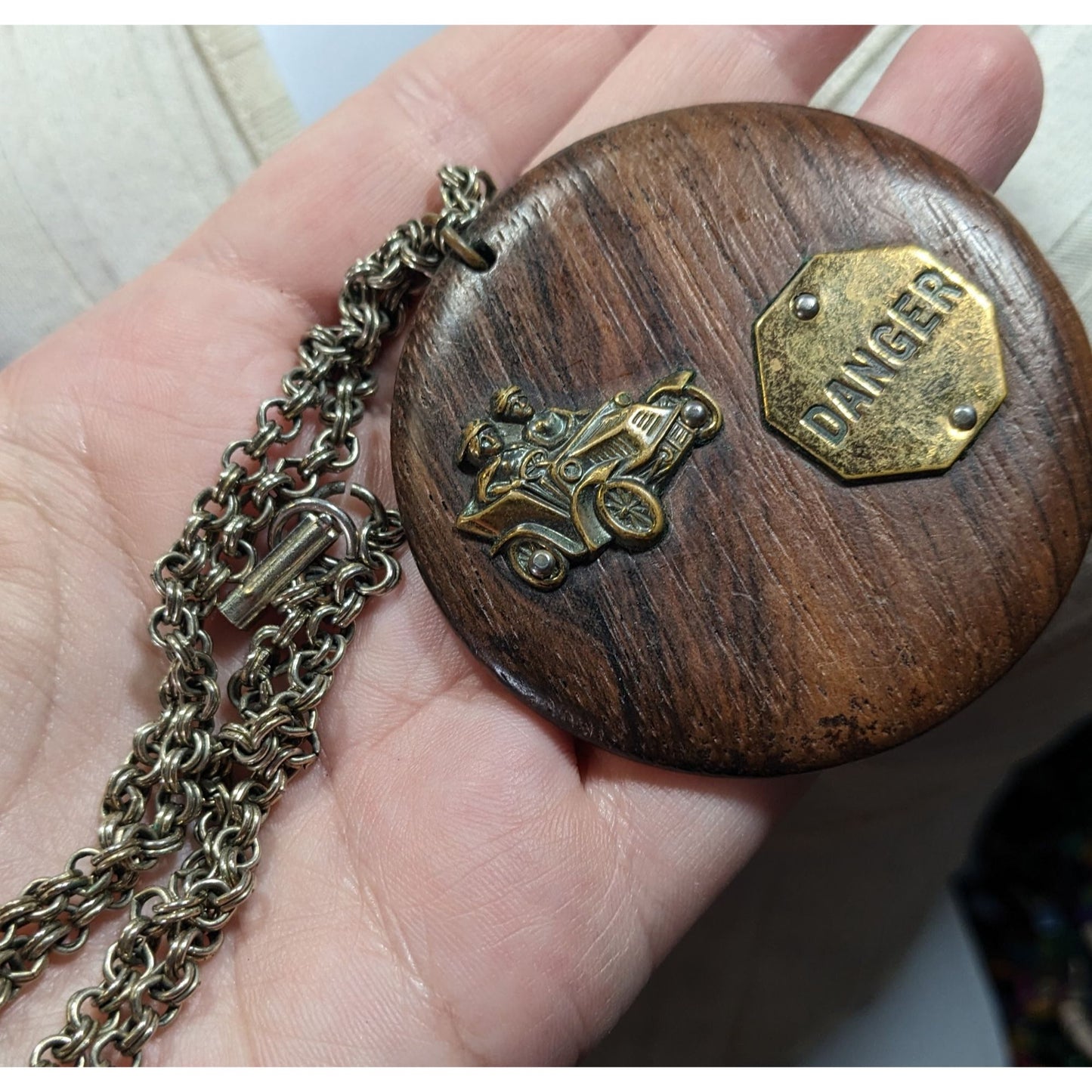 Vintage Novelty Automobile Wood And Metal Pendant Necklace