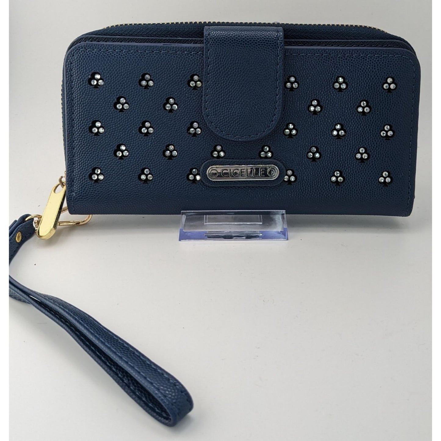 Cicelle Navy Blue Floral Rhinestone Studded Wallet With Wrist Strap