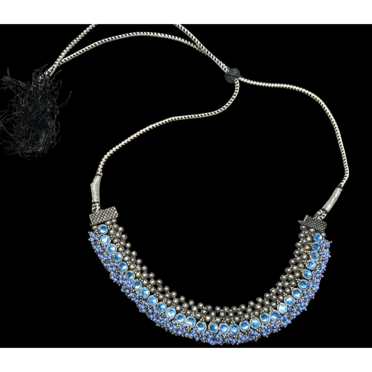 Indian Bridal Blue And Silver Tone Rhinestone And Beaded Adjustable Necklace