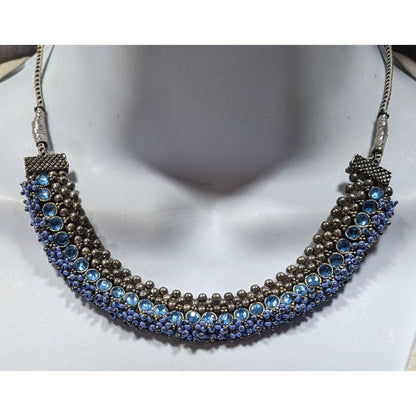 Indian Bridal Blue And Silver Tone Rhinestone And Beaded Adjustable Necklace