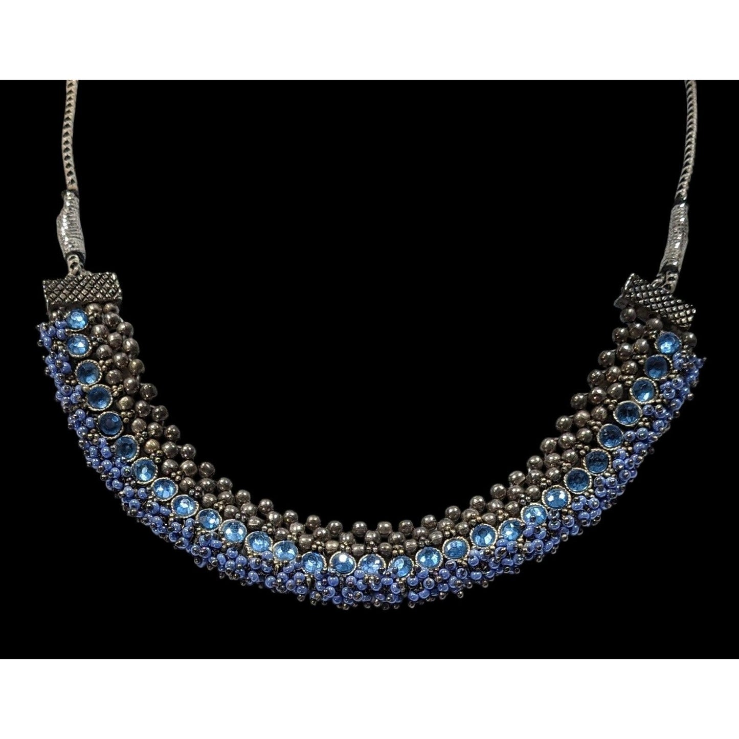 Indian Bridal Blue And Silver Tone Rhinestone And Beaded Adjustable Necklace