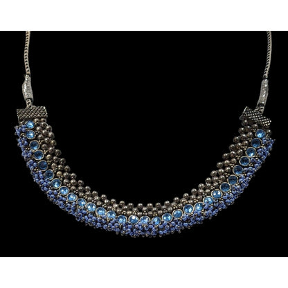 Indian Bridal Blue And Silver Tone Rhinestone And Beaded Adjustable Necklace