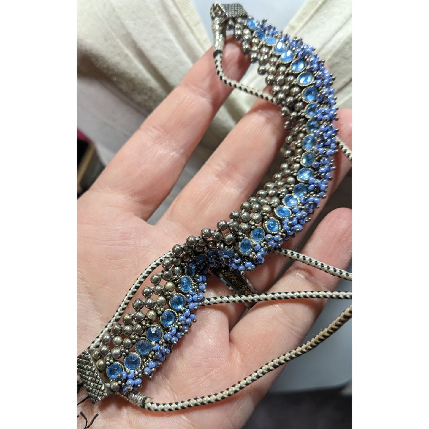 Indian Bridal Blue And Silver Tone Rhinestone And Beaded Adjustable Necklace
