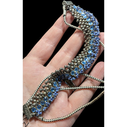 Indian Bridal Blue And Silver Tone Rhinestone And Beaded Adjustable Necklace