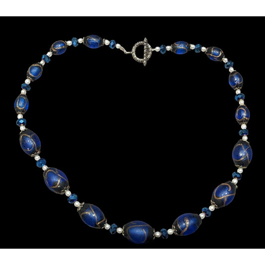 Regal Handmade Blue Glass And Faux Pearl Beaded Necklace