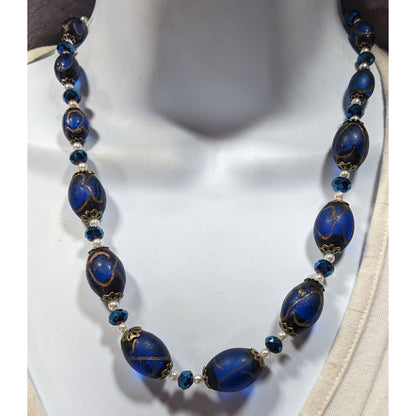 Regal Handmade Blue Glass And Faux Pearl Beaded Necklace