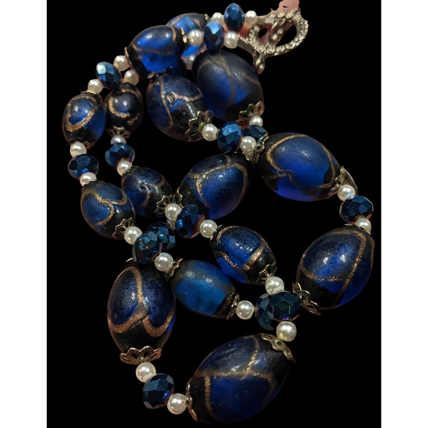 Regal Handmade Blue Glass And Faux Pearl Beaded Necklace