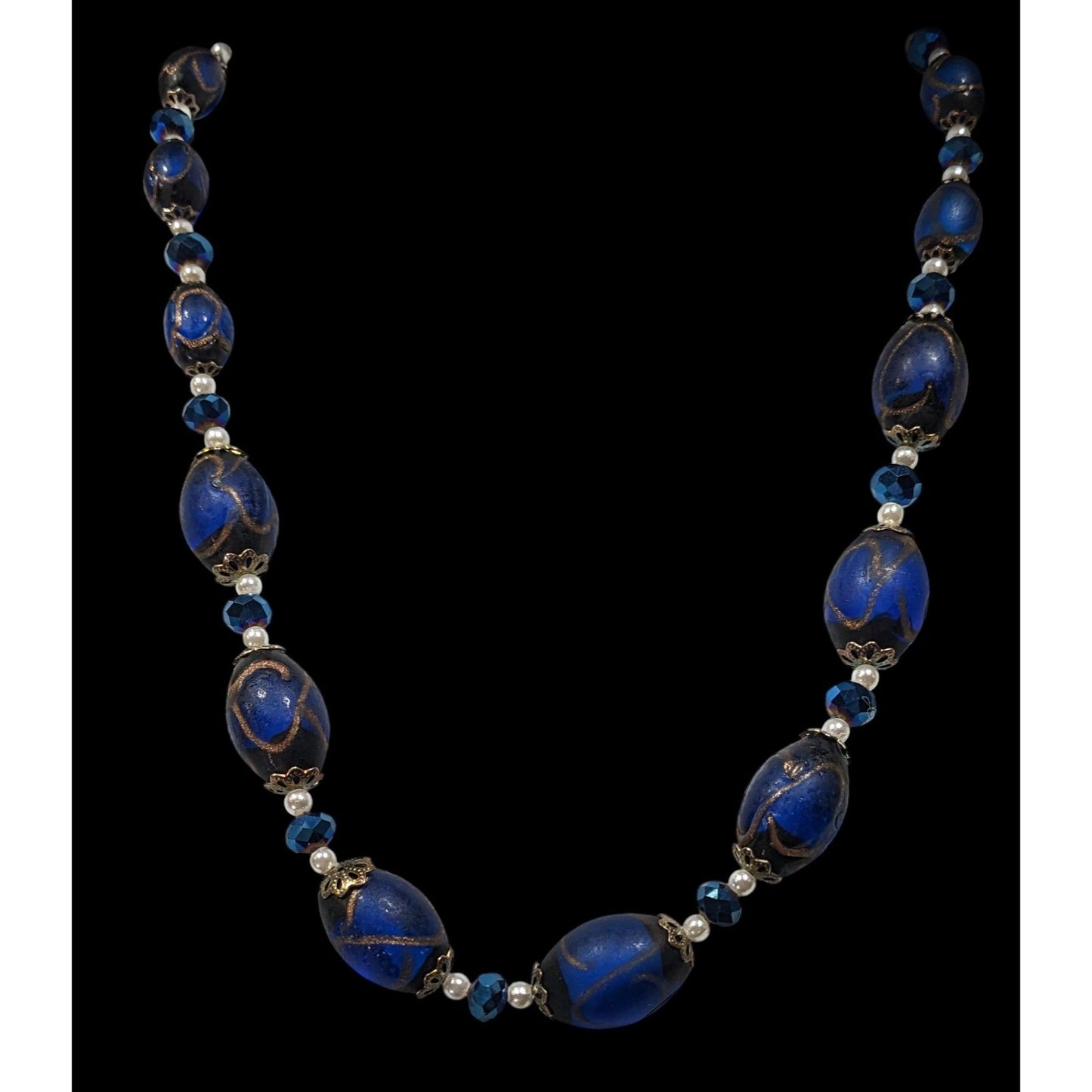 Regal Handmade Blue Glass And Faux Pearl Beaded Necklace
