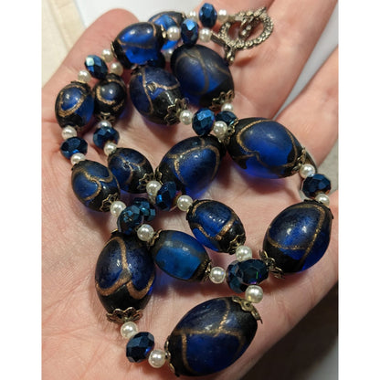 Regal Handmade Blue Glass And Faux Pearl Beaded Necklace