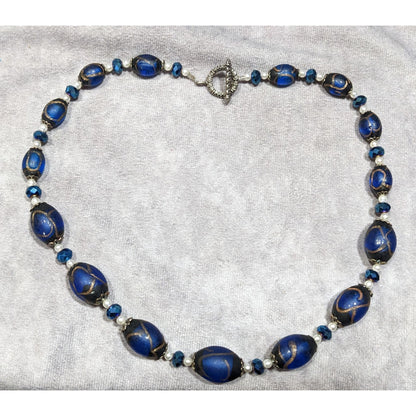 Regal Handmade Blue Glass And Faux Pearl Beaded Necklace