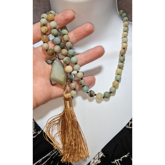 Dylan Bohemian Amazonite Beaded Necklace With Gold Tassel Pendant