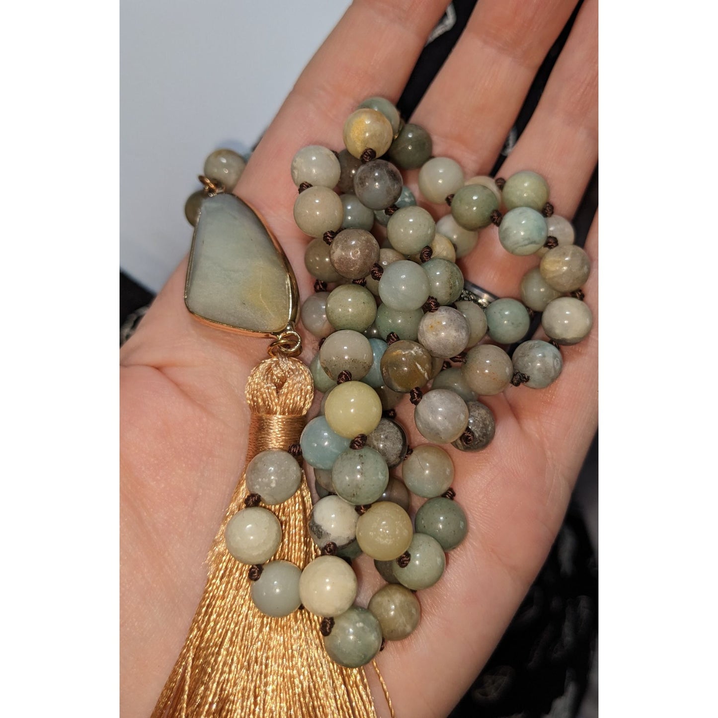 Dylan Bohemian Amazonite Beaded Necklace With Gold Tassel Pendant