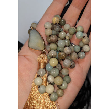 Dylan Bohemian Amazonite Beaded Necklace With Gold Tassel Pendant