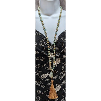 Dylan Bohemian Amazonite Beaded Necklace With Gold Tassel Pendant