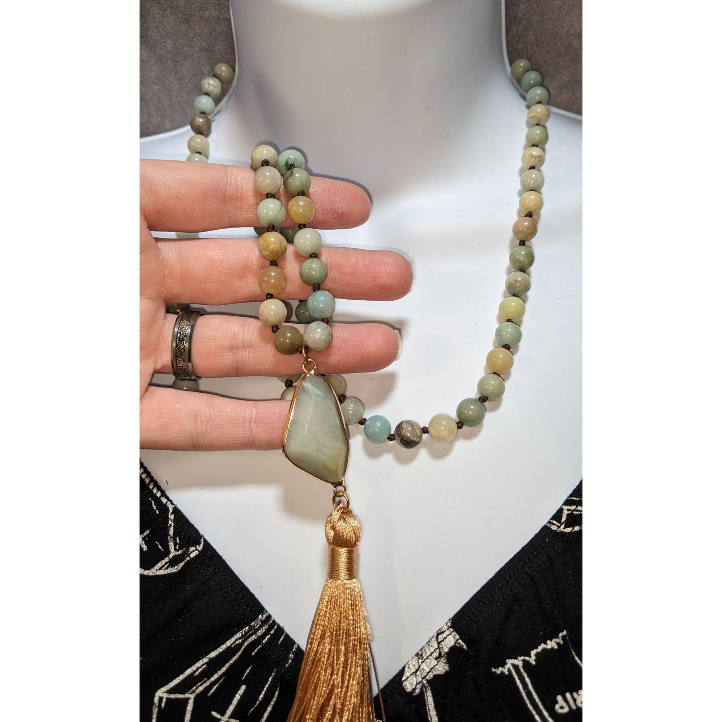Dylan Bohemian Amazonite Beaded Necklace With Gold Tassel Pendant