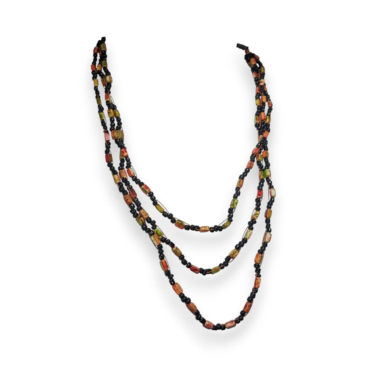 Autumn Boho Layered Glass Faux Stone Orange Green Black Bead Necklace 18 Inch