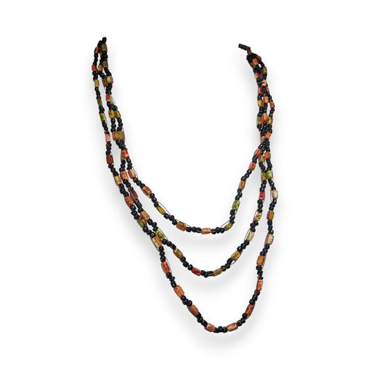 Autumn Boho Layered Glass Faux Stone Orange Green Black Bead Necklace 18 Inch