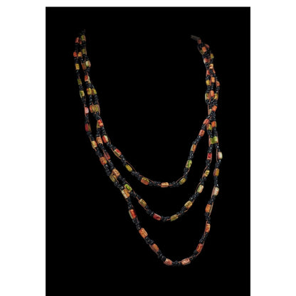 Autumn Boho Layered Glass Faux Stone Orange Green Black Bead Necklace 18 Inch