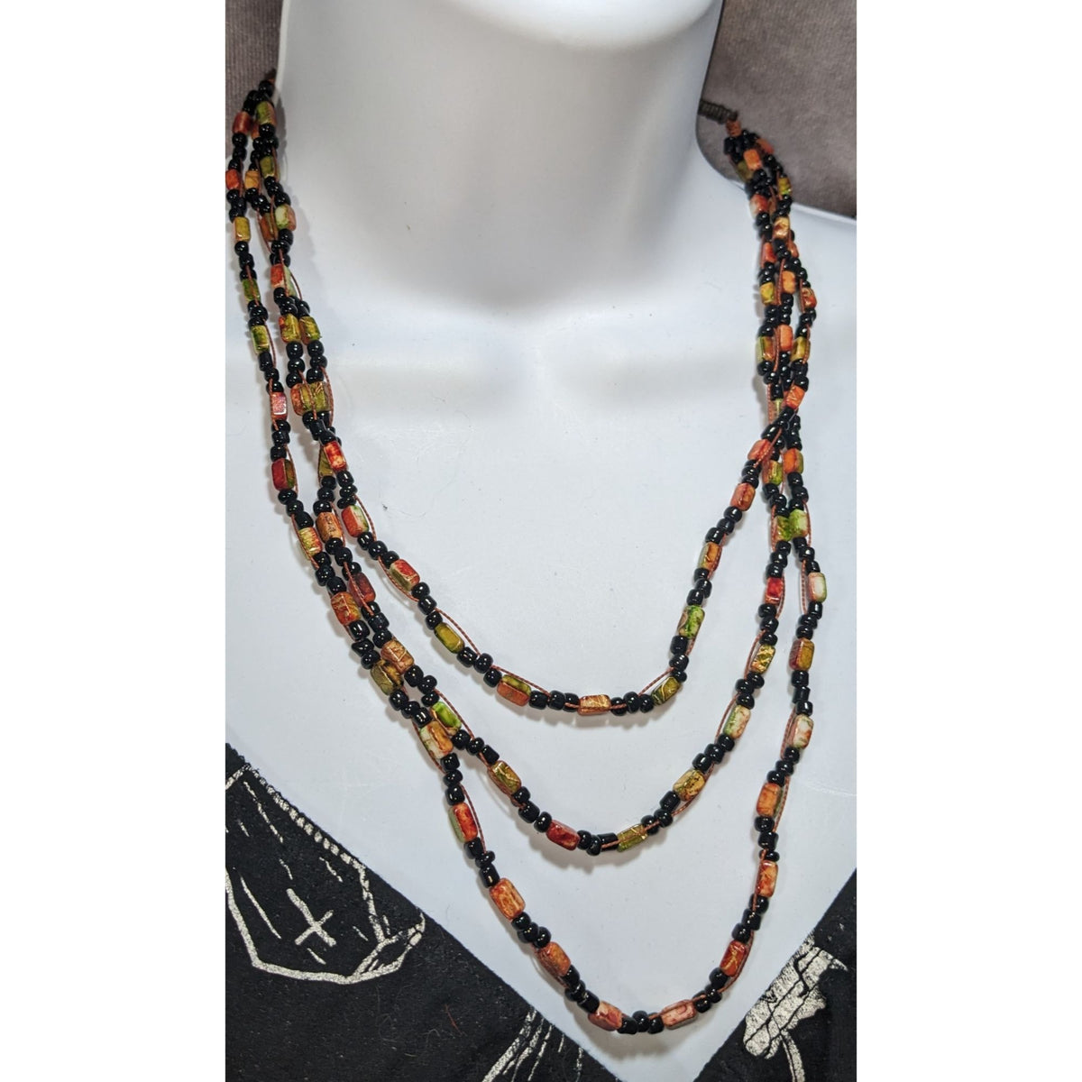 Autumn Boho Layered Glass Faux Stone Orange Green Black Bead Necklace 18 Inch