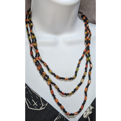 Autumn Boho Layered Glass Faux Stone Orange Green Black Bead Necklace 18 Inch