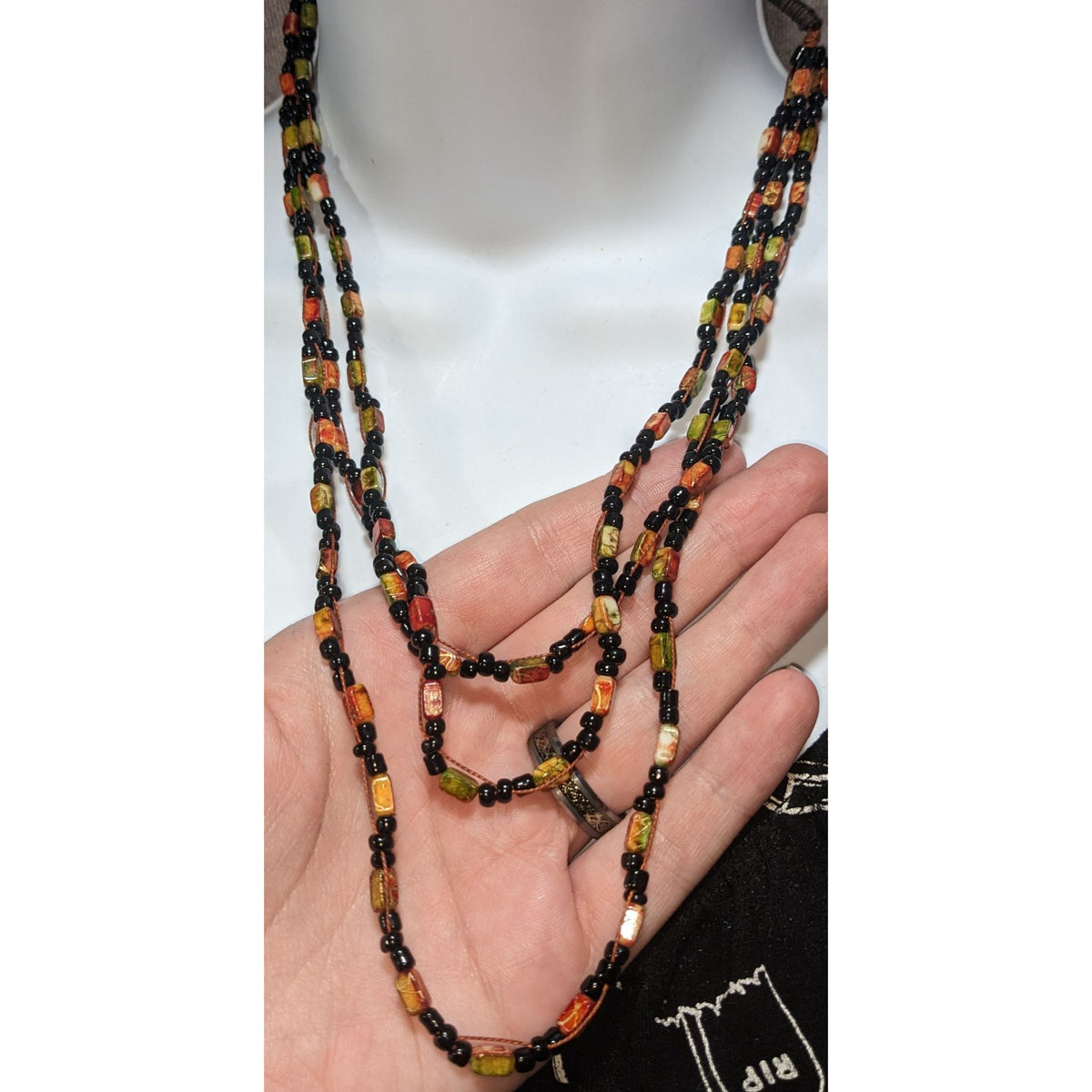 Autumn Boho Layered Glass Faux Stone Orange Green Black Bead Necklace 18 Inch