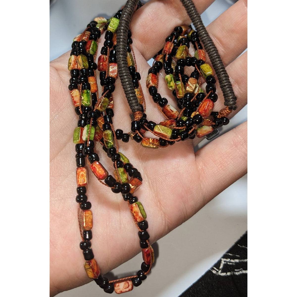 Autumn Boho Layered Glass Faux Stone Orange Green Black Bead Necklace 18 Inch