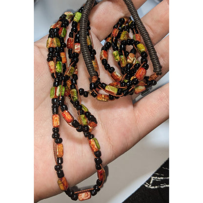 Autumn Boho Layered Glass Faux Stone Orange Green Black Bead Necklace 18 Inch