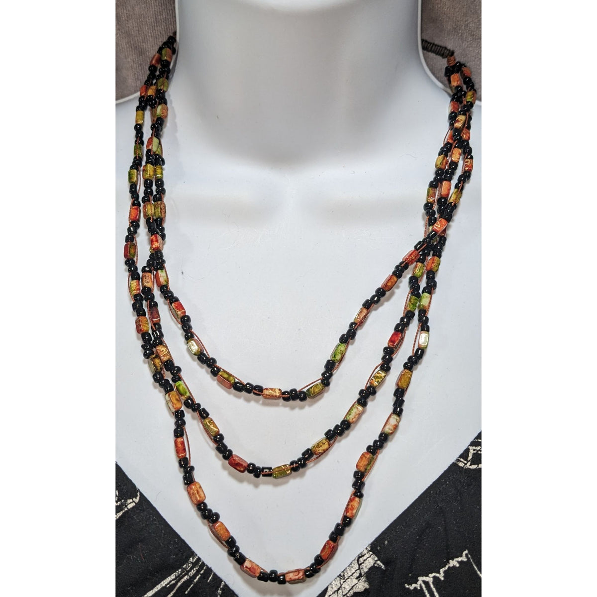Autumn Boho Layered Glass Faux Stone Orange Green Black Bead Necklace 18 Inch