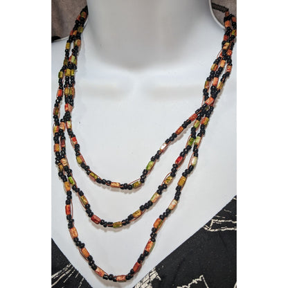 Autumn Boho Layered Glass Faux Stone Orange Green Black Bead Necklace 18 Inch