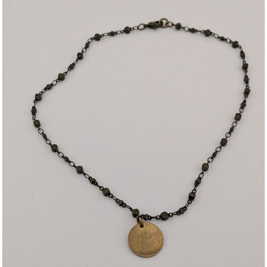 Bohemian Brass Beaded Necklace With Gold Tone Disc Pendant