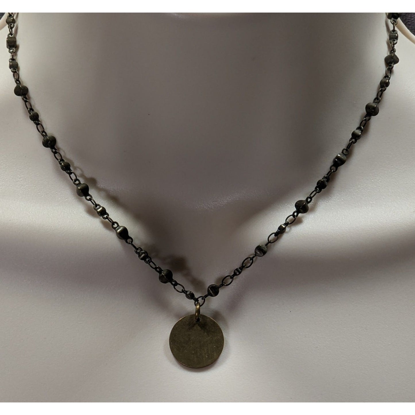 Bohemian Brass Beaded Necklace With Gold Tone Disc Pendant