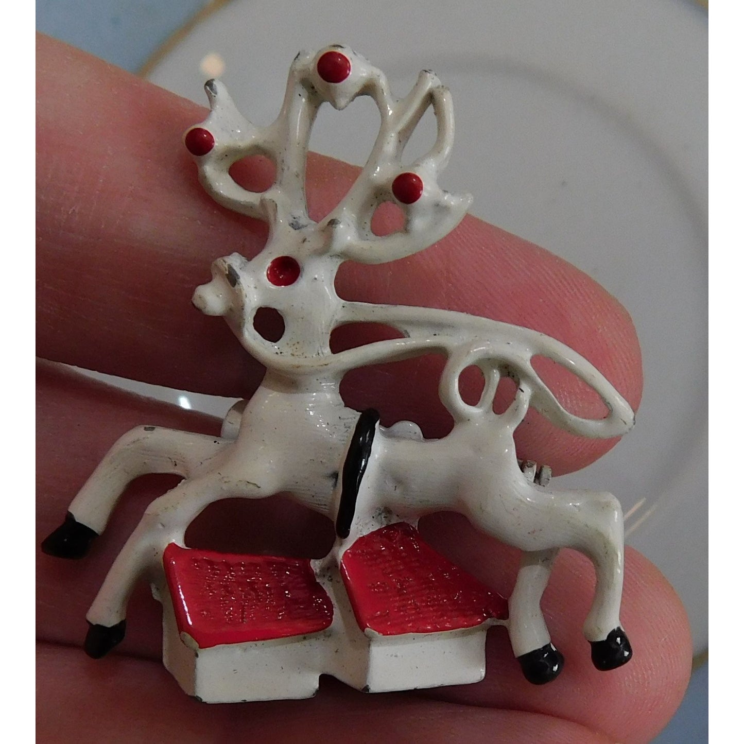 Vintage Red And White Reindeer Brooch Enamel Over Metal
