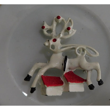 Vintage Red And White Reindeer Brooch Enamel Over Metal
