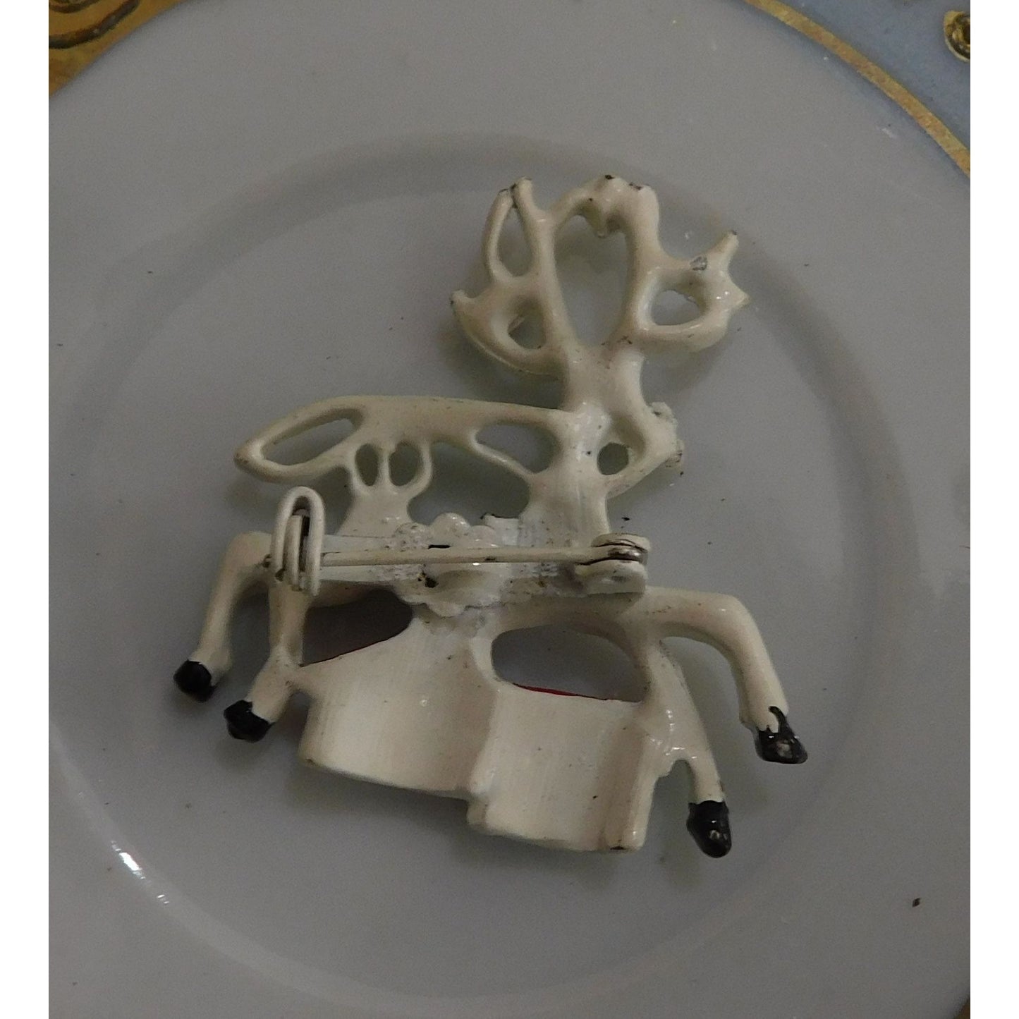 Vintage Red And White Reindeer Brooch Enamel Over Metal